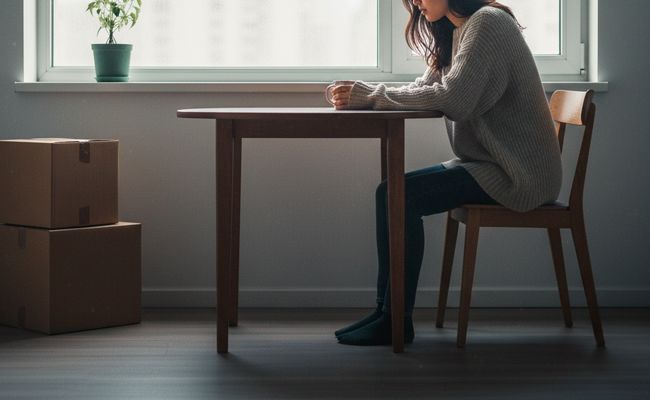 Девушка сидит за столом Одинокая девушка