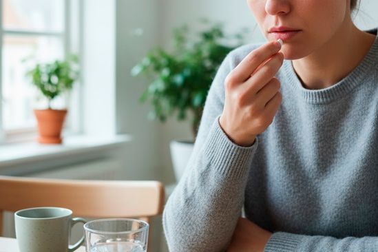 Женщина пьет таблетку Женщина принимает лекарства