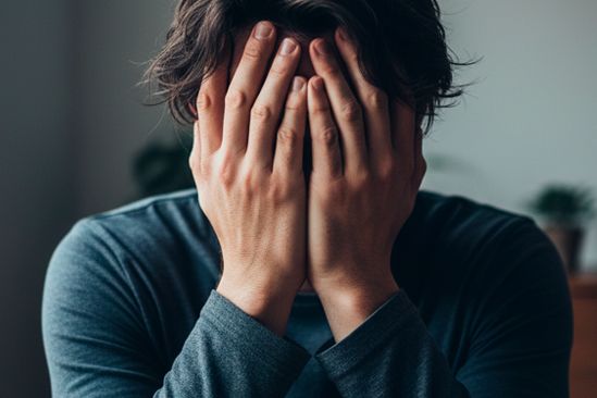 Мужчина закрывает лицо Мужчина закрывает лицо рукам